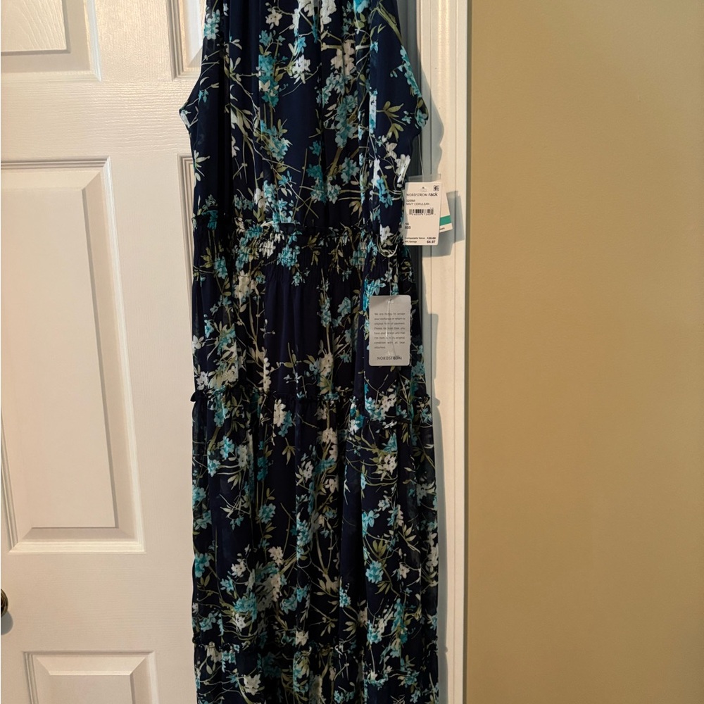 Taylor Blue and White Ruffled Tiered Maxi Dress